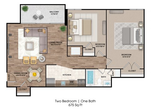 Floor plan for 2 beds, 1 bath, 675 sqft